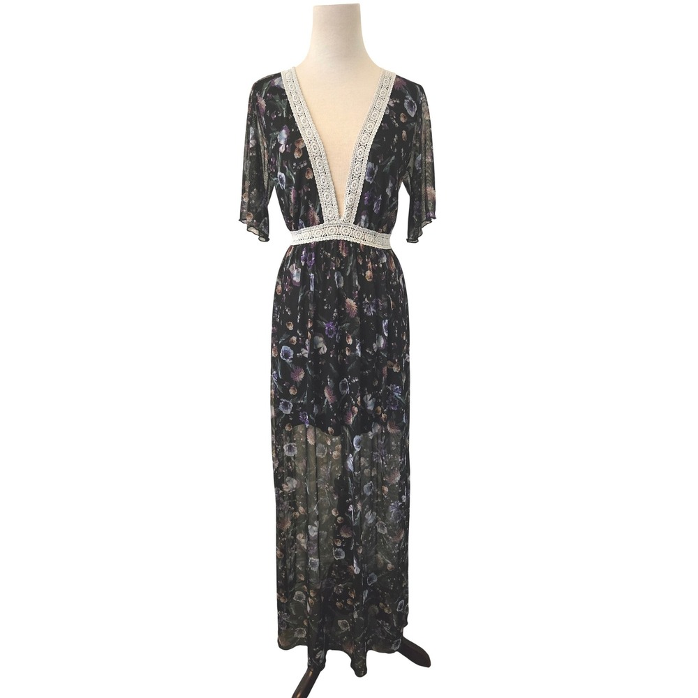 Floral Mesh Maxi Dress Black Sheer Crochet Lace VNeck Flutter Sleeve Witchy M